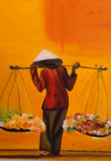 Pintura intitulada "Venda de Flores" por Rita Barreto, Obras de arte originais, Óleo