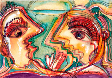 Painting titled "Casal" by Luís Soares, Original Artwork, Watercolor