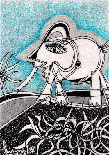 Tekening getiteld "Elefante da sorte" door Luís Soares, Origineel Kunstwerk, Inkt