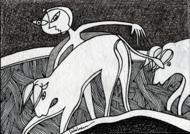 Disegno intitolato "Homem com touros" da Luís Soares, Opera d'arte originale, Inchiostro