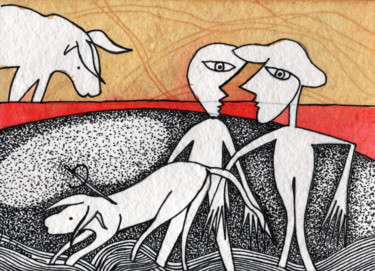 Σχέδιο με τίτλο "Figuras com touros" από Luís Soares, Αυθεντικά έργα τέχνης, Μελάνι