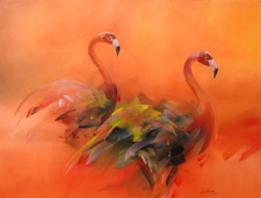 Pittura intitolato "Flamingos en rojo" da Luis Vargas B., Opera d'arte originale, Acrilico