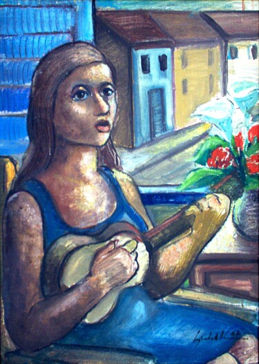Painting titled "mus009 - Moça com v…" by Luiz Carlos De Andrade Lima, Original Artwork, Oil
