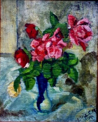 Painting titled "mus047 - Rosas verm…" by Luiz Carlos De Andrade Lima, Original Artwork, Oil