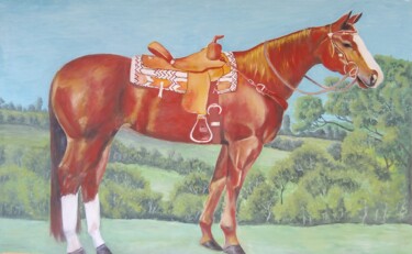 Painting titled "Cavalo e paisagem" by Luiz Mendes, Original Artwork, Oil