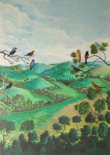 Картина под названием "Pássaros e paisagem" - Luiz Mendes, Подлинное произведение искусства, Чернила
