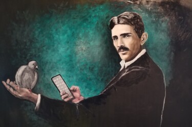 Schilderij getiteld "Tesla" door Lukas Mb, Origineel Kunstwerk, Olie Gemonteerd op Frame voor houten brancard