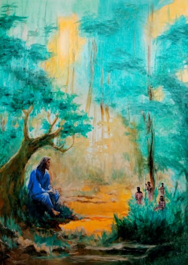Картина под названием "Isusa sa Pigmejima" - Lukas Mb, Подлинное произведение искусства, Масло Установлен на Деревянная рама…