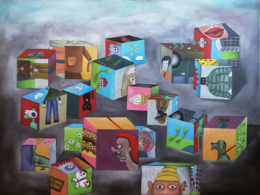 Schilderij getiteld "Cubes" door Lukas Pavlisin, Origineel Kunstwerk, Olie Gemonteerd op Frame voor houten brancard