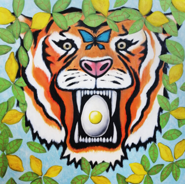 Malerei mit dem Titel "Tiger with the egg" von Lukas Pavlisin, Original-Kunstwerk, Öl Auf Keilrahmen aus Holz montiert