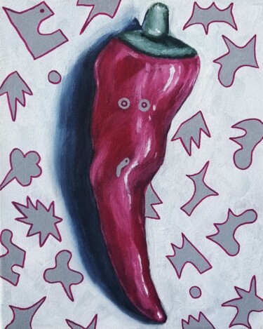 Malarstwo zatytułowany „Porcelain red chili” autorstwa Lukas Pavlisin, Oryginalna praca, Akryl Zamontowany na Drewniana rama…