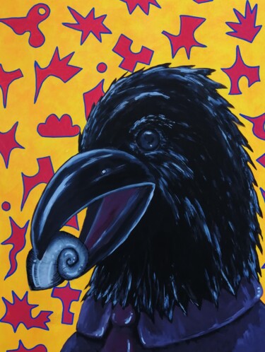 Pintura intitulada "Raven holding snail" por Lukas Pavlisin, Obras de arte originais, Acrílico