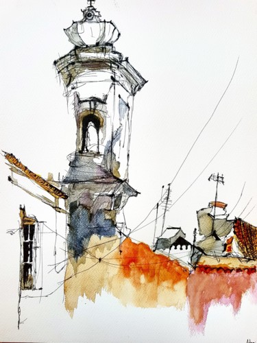 Malerei mit dem Titel "Tour de Lisboa" von Lukas Adami, Original-Kunstwerk, Tinte
