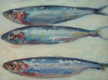 Painting titled "Three Sardines" by Luke Morgan, Original Artwork, Oil