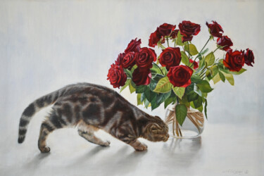 Malarstwo zatytułowany „Cat & roses” autorstwa Lukian, Oryginalna praca, Olej