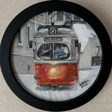 Peinture intitulée "Snowy Tram at Franz…" par Lukim, Œuvre d'art originale, Huile