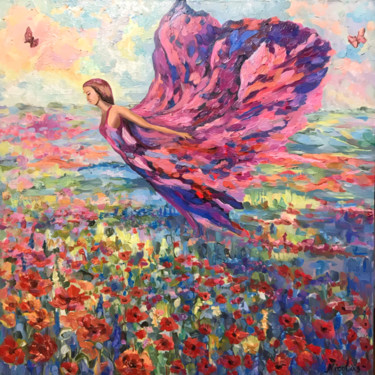 Painting titled "Flight over poppy f…" by Pintor Nicolas, Original Artwork, Oil