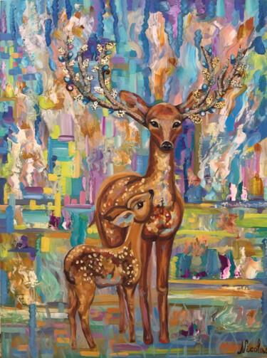Malarstwo zatytułowany „«Wildlife roe deers”” autorstwa Pintor Nicolas, Oryginalna praca, Olej