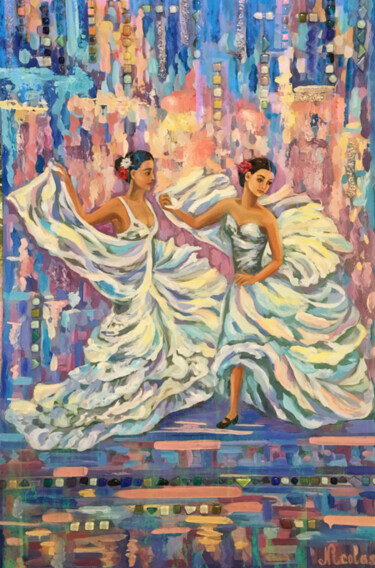 Painting titled "“Flamenco School”" by Pintor Nicolas, Original Artwork, Oil Mounted on Wood Panel