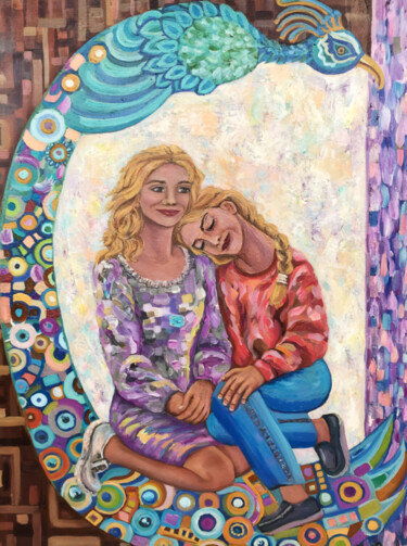 Painting titled "Two Sisters" by Pintor Nicolas, Original Artwork, Oil Mounted on Wood Stretcher frame