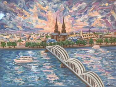 Painting titled "Windy day in Cologne" by Pintor Nicolas, Original Artwork, Oil Mounted on Other rigid panel