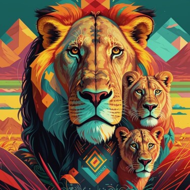 Digitale Kunst getiteld ""Lion and Cubs on t…" door Pintor Nicolas, Origineel Kunstwerk, 2D Digital Work