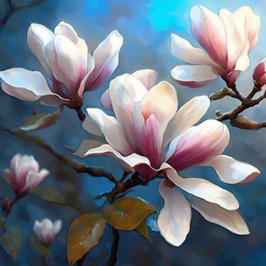 Arte digital titulada "Magnolia on the blu…" por Pintor Nicolas, Obra de arte original, Trabajo Digital 2D
