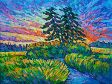 Pintura titulada "Sunset landscape" por Tao Bai, Obra de arte original, Oleo