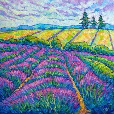 Malerei mit dem Titel "Flower field landsc…" von Tao Bai, Original-Kunstwerk, Öl