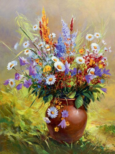 Картина под названием "Полевые цветы" - Евгений Лунёв, Подлинное произведение искусства, Масло
