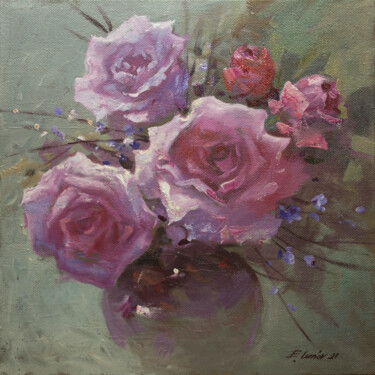 Картина под названием "Натюрморт розы" - Евгений Лунёв, Подлинное произведение искусства, Масло