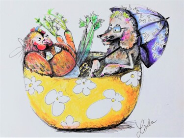 Drawing titled "Chicken Poodle Soup" by Lenka Urbanikova, Original Artwork, Pastel