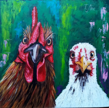 Painting titled "Rooster and hen" by Tatyana Lysenko, Original Artwork, Oil