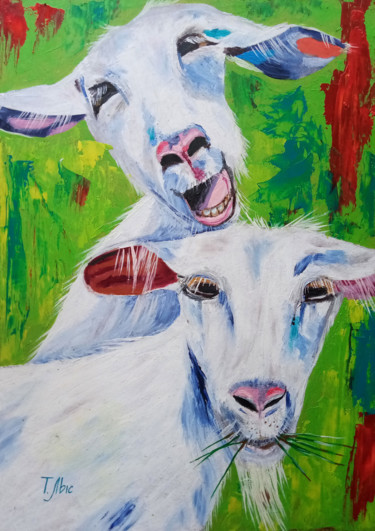 Painting titled "WHITE GOATS - funny…" by Tatyana Lysenko, Original Artwork, Oil