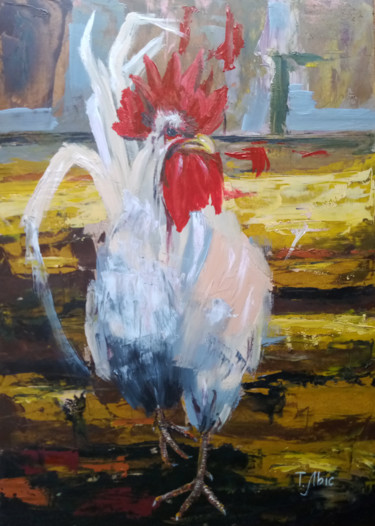 Malerei mit dem Titel "White rooster" von Tatyana Lysenko, Original-Kunstwerk, Öl