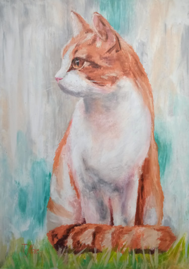 Painting titled "Ginger cat" by Tatyana Lysenko, Original Artwork, Oil