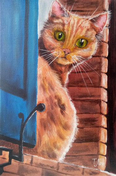 Painting titled "Ginger cat on windo…" by Tatyana Lysenko, Original Artwork, Oil