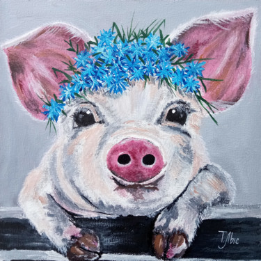 Malerei mit dem Titel "Pig in a cornflower…" von Tatyana Lysenko, Original-Kunstwerk, Öl