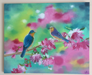 Malerei mit dem Titel "Finch in the Tree" von Liudmila Cyranek, Original-Kunstwerk, Öl