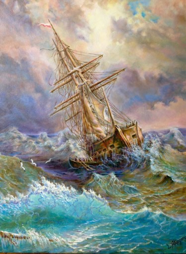 Painting titled "Ship in the stormy…" by Lusy Akopova, Original Artwork, Oil