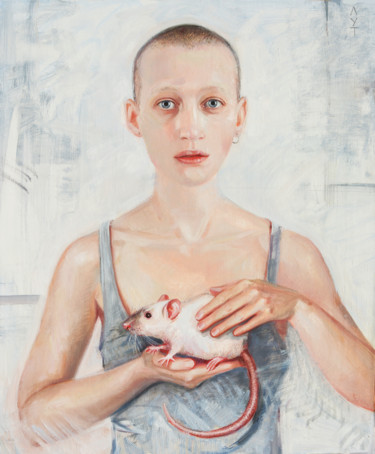 Painting titled "Girl with a rat" by Lutokhina, Original Artwork, Oil