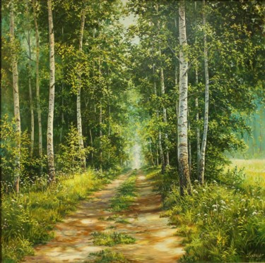 Painting titled "birch alley" by Sergei Korotkov, Original Artwork, Oil