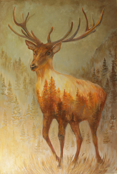 Peinture intitulée "golden deer" par Sergei Korotkov, Œuvre d'art originale, Huile