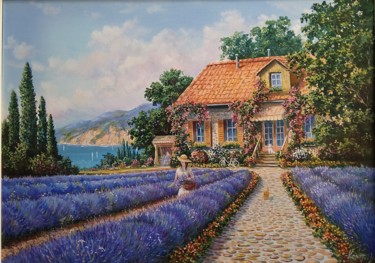 Schilderij getiteld "Lavender provence" door Sergei Korotkov, Origineel Kunstwerk, Olie Gemonteerd op Frame voor houten bran…