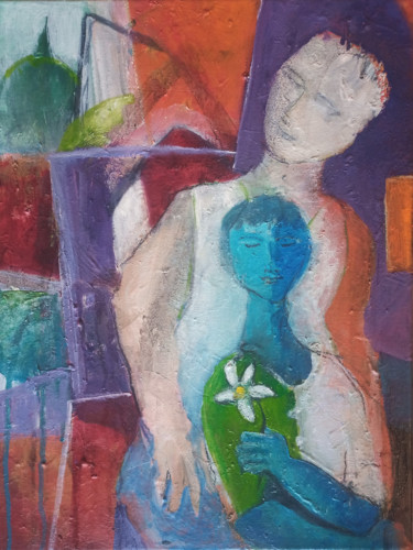 Figure à l'enfant Peinture intitulée "Figure à l'enfant" par Luu Van Tam, Œuvre d'art originale, Huile Monté sur Châssis