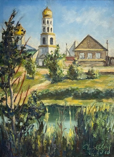 Картина под названием "Вид на церковь в п.…" - Lonely Wolf, Подлинное произведение искусства, Масло Установлен на Деревянная…