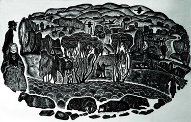 「Le village Télachevo」というタイトルの製版 Lydia Aristova-Jacqueminによって, オリジナルのアートワーク, Linocuts