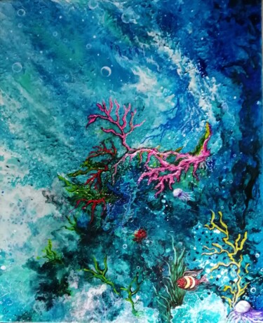 Painting titled ""PROFONDEUR MARINE"" by Lydia Chevalier, Original Artwork, Acrylic Mounted on Wood Stretcher frame