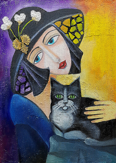 Painting titled "Dame mit Katze" by Lydia Harmata, Original Artwork, Oil