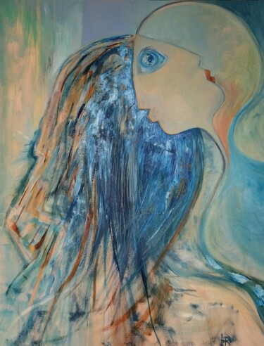 Painting titled "TRAIT AZUR" by Lydia Robbes, Original Artwork, Oil Mounted on Wood Stretcher frame